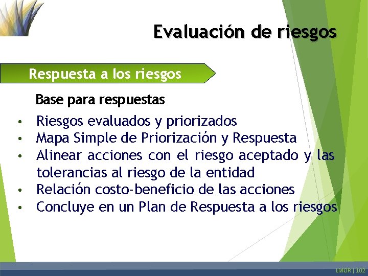 Evaluación de riesgos Respuesta a los riesgos • • • Base para respuestas Riesgos