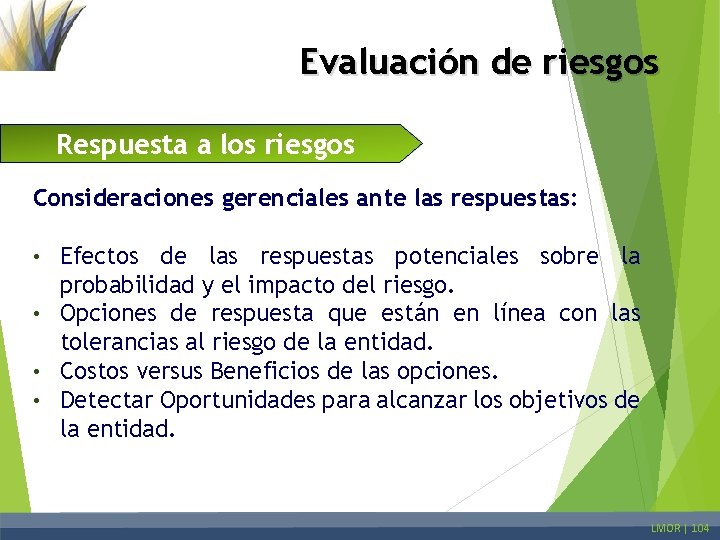 Evaluación de riesgos Respuesta a los riesgos Consideraciones gerenciales ante las respuestas: Efectos de