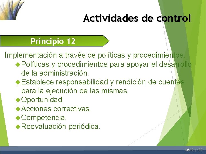 Actividades de control Principio 12 Implementación a través de políticas y procedimientos. Políticas y