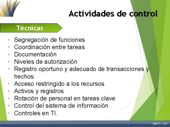 Actividades de control Técnicas • • • Segregación de funciones Coordinación entre tareas Documentación