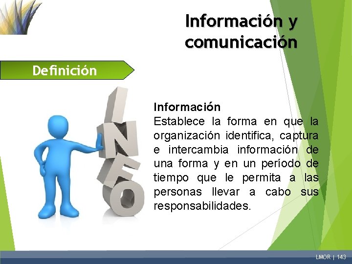 Información y comunicación Definición Información Establece la forma en que la organización identifica, captura