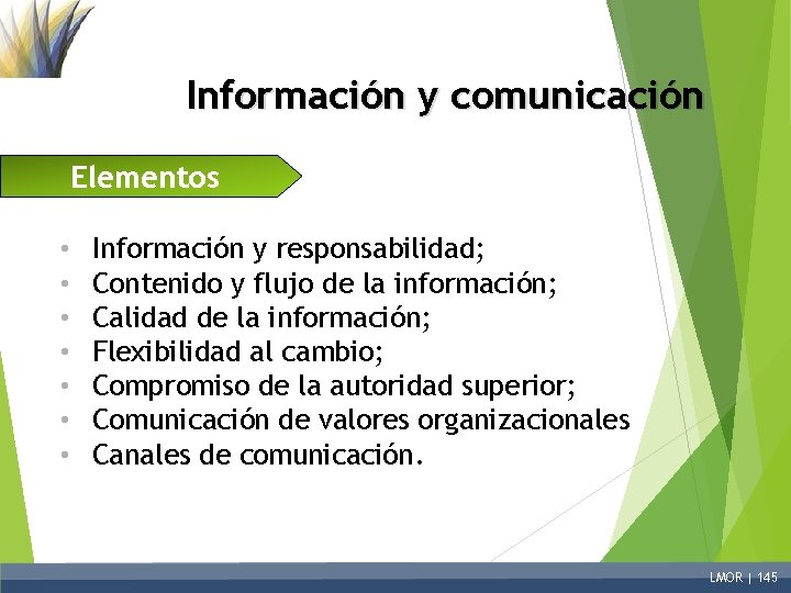 Información y comunicación Elementos • • Información y responsabilidad; Contenido y flujo de la