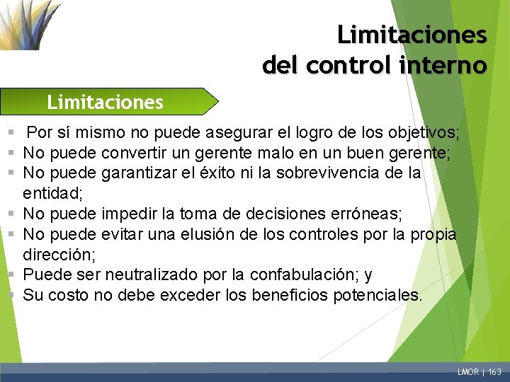 Limitaciones del control interno Limitaciones § Por sí mismo no puede asegurar el logro