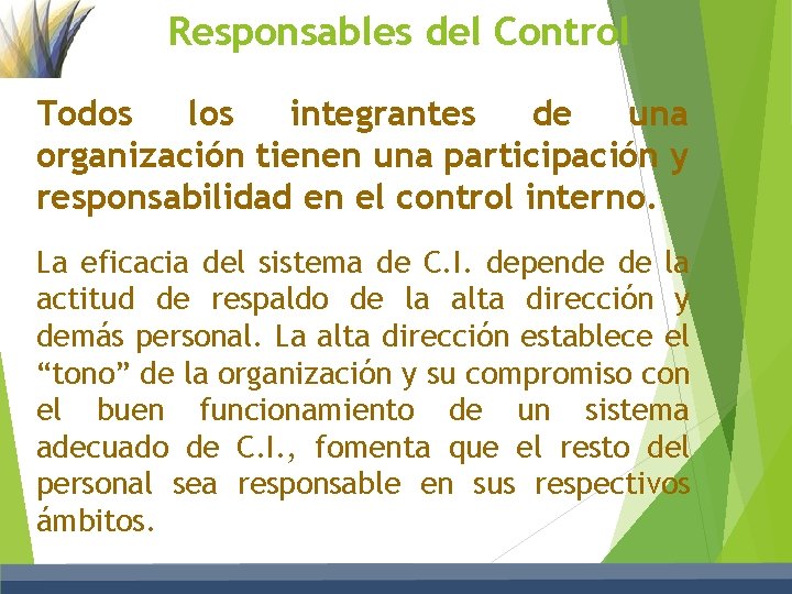 Responsables del Control Todos los integrantes de una organización tienen una participación y responsabilidad