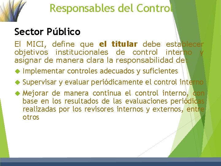 Responsables del Control Sector Público El MICI, define que el titular debe establecer objetivos
