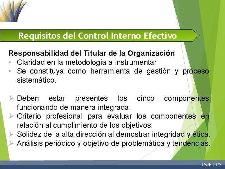 Requisitos del Control Interno Efectivo Responsabilidad del Titular de la Organización • Claridad en