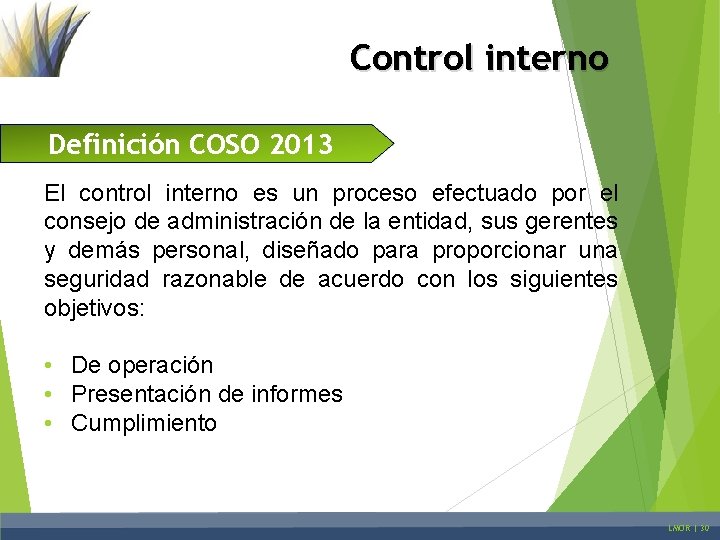 Control interno Definición COSO 2013 El control interno es un proceso efectuado por el