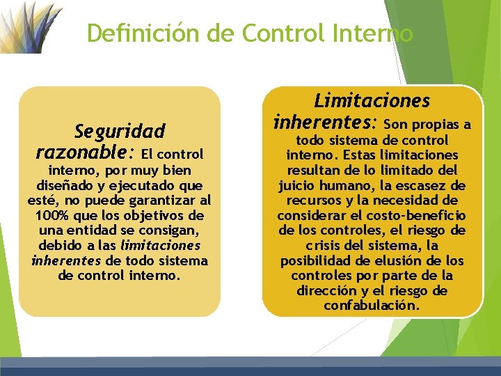 Definición de Control Interno Seguridad razonable: El control interno, por muy bien diseñado y