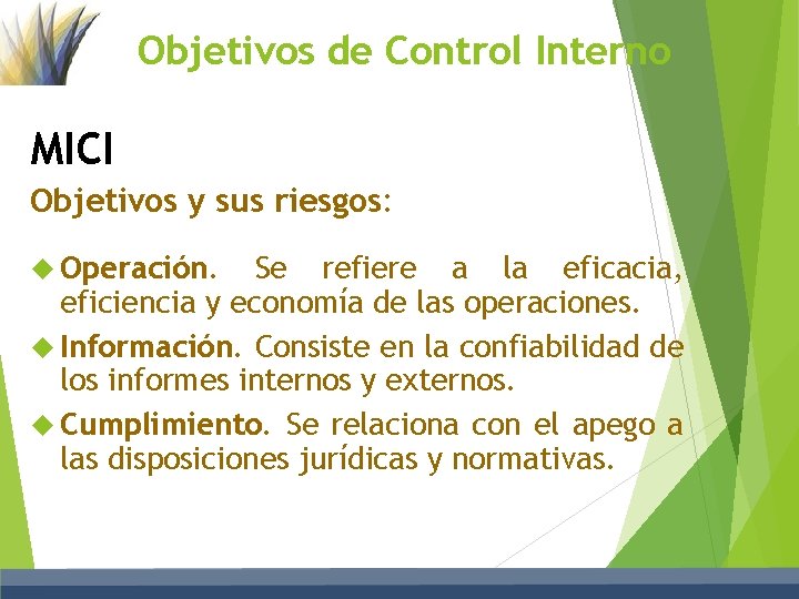 Objetivos de Control Interno MICI Objetivos y sus riesgos: Operación. Se refiere a la