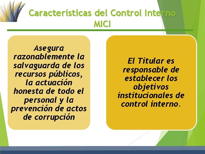 Características del Control Interno MICI Asegura razonablemente la salvaguarda de los recursos públicos, la