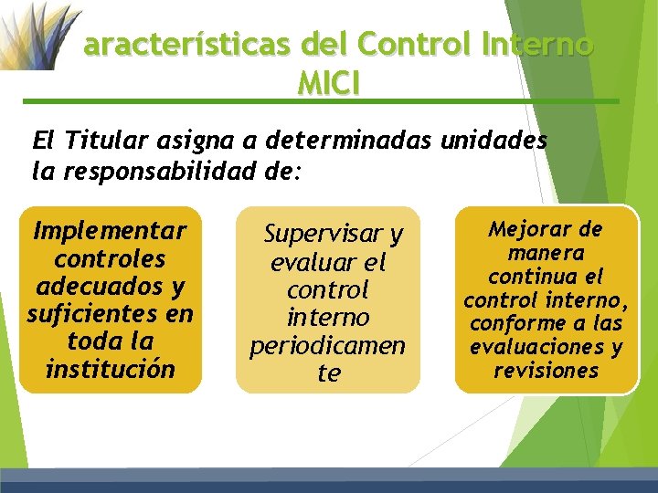 Características del Control Interno MICI El Titular asigna a determinadas unidades la responsabilidad de: