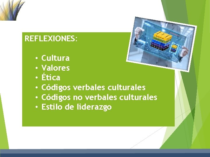 REFLEXIONES: • • • Cultura Valores Ética Códigos verbales culturales Códigos no verbales culturales