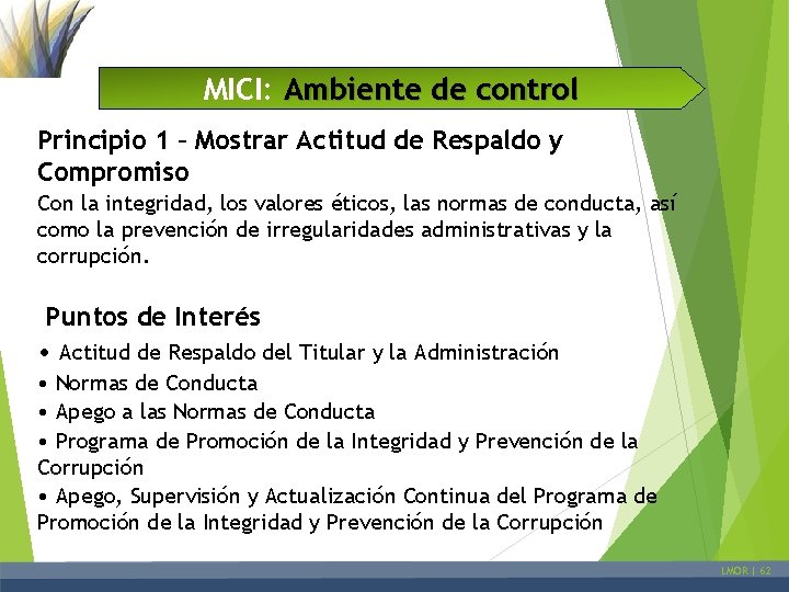 MICI: Ambiente de control Principio 1 – Mostrar Actitud de Respaldo y Compromiso Con