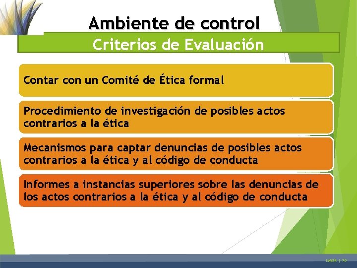 Ambiente de control Criterios de Evaluación Contar con un Comité de Ética formal Procedimiento