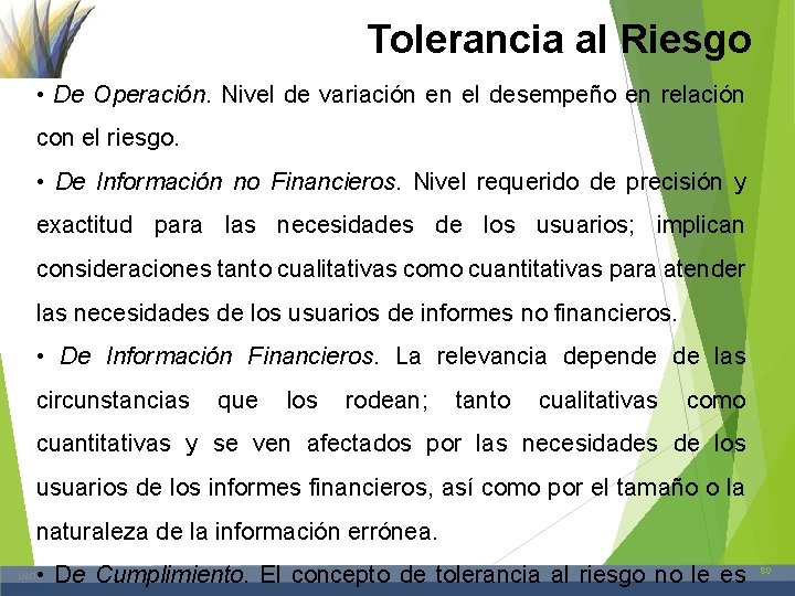 Tolerancia al Riesgo • De Operación. Nivel de variación en el desempeño en relación