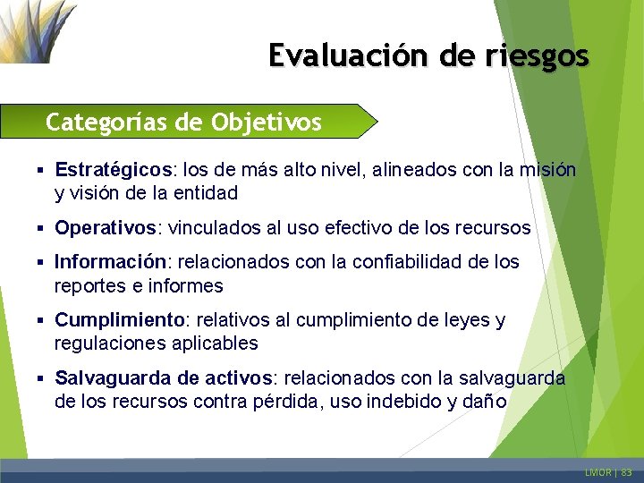 Evaluación de riesgos Categorías de Objetivos § Estratégicos: los de más alto nivel, alineados