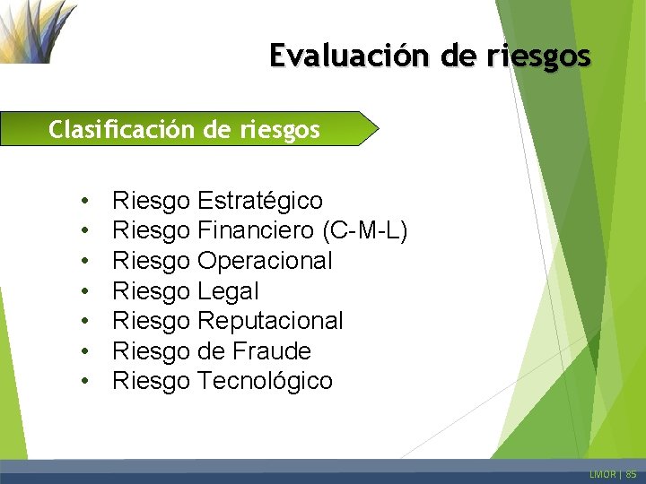 Evaluación de riesgos Clasificación de riesgos • • Riesgo Estratégico Riesgo Financiero (C-M-L) Riesgo