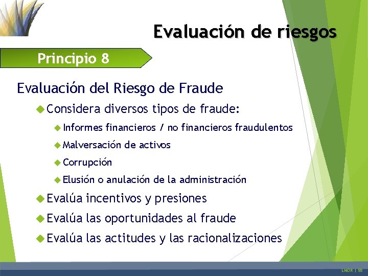 Evaluación de riesgos Principio 8 Evaluación del Riesgo de Fraude Considera Informes diversos tipos