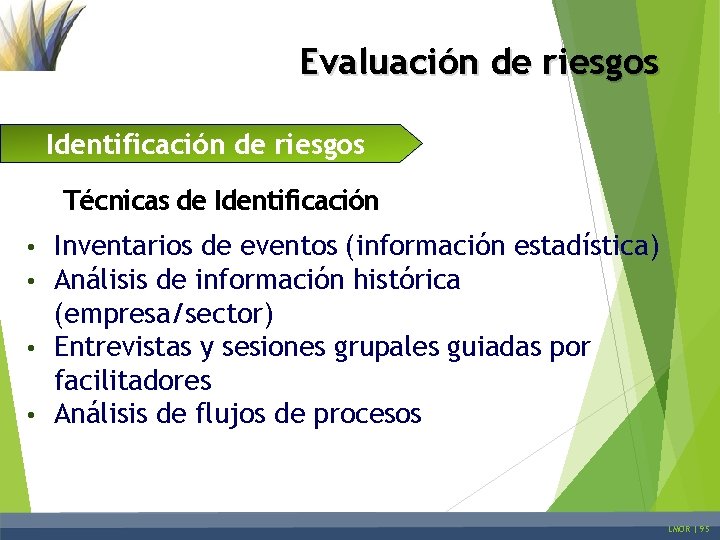 Evaluación de riesgos Identificación de riesgos Técnicas de Identificación Inventarios de eventos (información estadística)