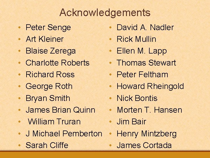 Acknowledgements • • • Peter Senge Art Kleiner Blaise Zerega Charlotte Roberts Richard Ross