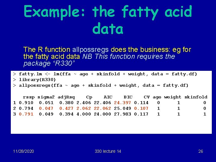 Example: the fatty acid data The R function allpossregs does the business: eg for