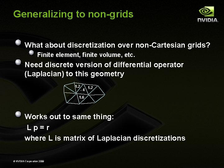 Generalizing to non-grids What about discretization over non-Cartesian grids? Finite element, finite volume, etc. Generalizing to non-grids What about discretization over non-Cartesian grids? Finite element, finite volume, etc.