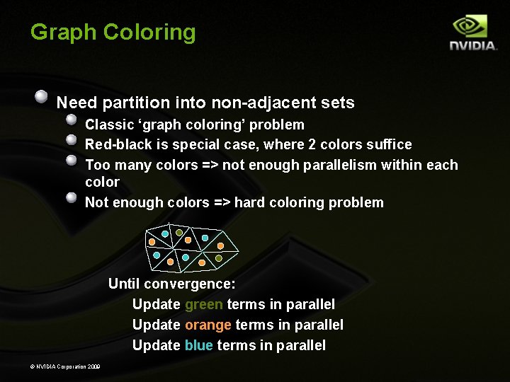 Graph Coloring Need partition into non-adjacent sets Classic ‘graph coloring’ problem Red-black is special Graph Coloring Need partition into non-adjacent sets Classic ‘graph coloring’ problem Red-black is special
