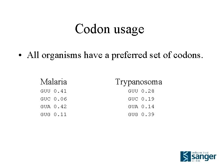 Codon usage • All organisms have a preferred set of codons. Malaria GUU GUC