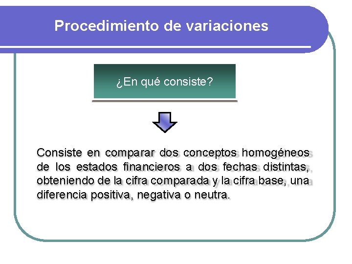 Procedimiento de variaciones ¿En qué consiste? Consiste en comparar dos conceptos homogéneos de los