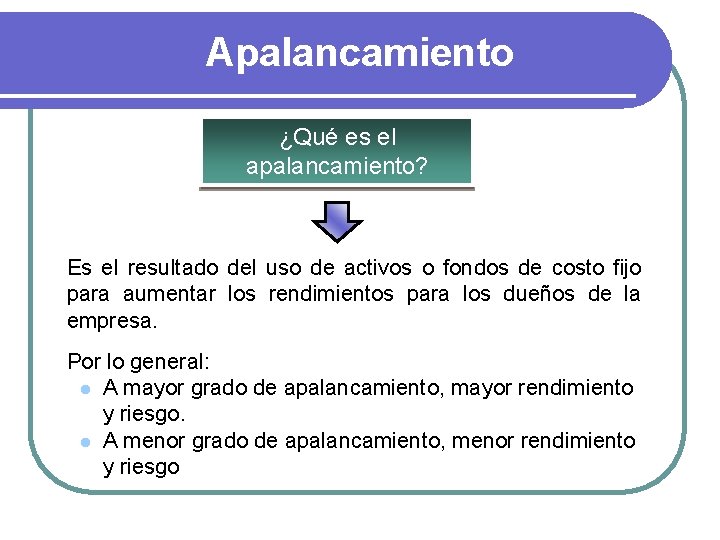 Apalancamiento ¿Qué es el apalancamiento? Es el resultado del uso de activos o fondos