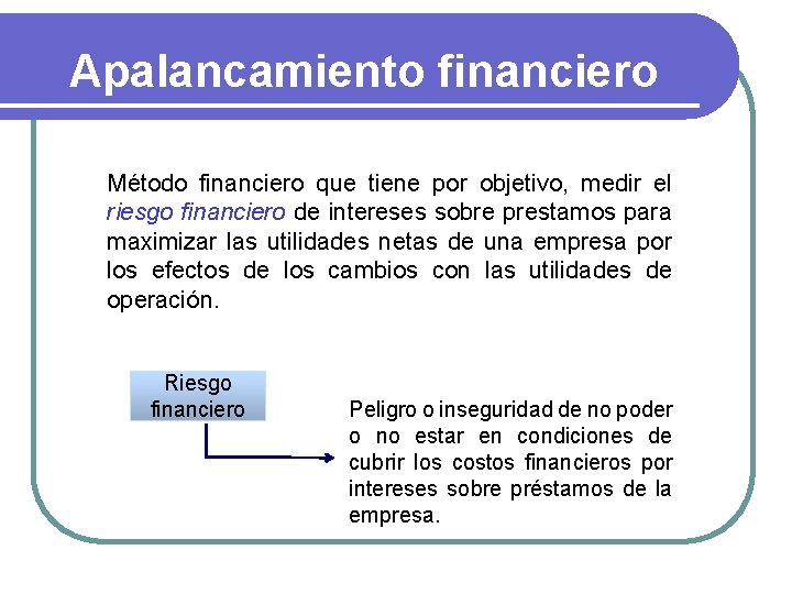Apalancamiento financiero Método financiero que tiene por objetivo, medir el riesgo financiero de intereses