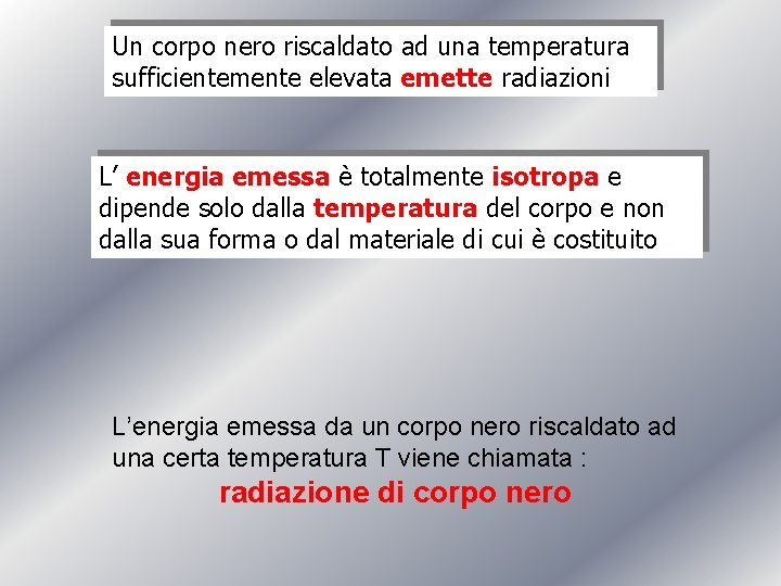 Un corpo nero riscaldato ad una temperatura sufficientemente elevata emette radiazioni L’ energia emessa
