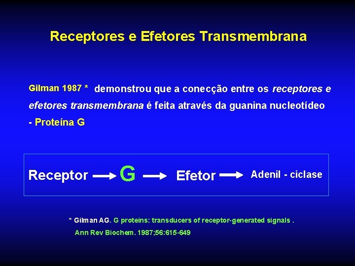 Receptores e Efetores Transmembrana Gilman 1987 * demonstrou que a conecção entre os receptores