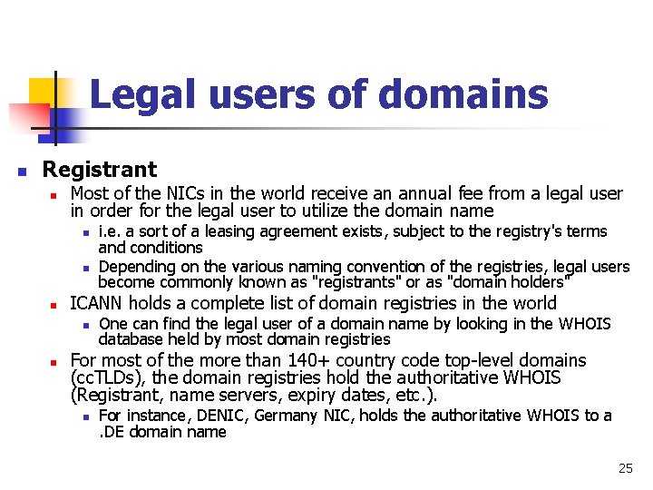 Legal users of domains n Registrant n Most of the NICs in the world