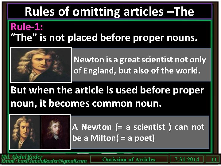 Rules of omitting articles –The Rule-1: “The” is not placed before proper nouns. Newton