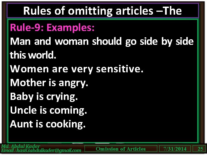 Rules of omitting articles –The Rule-9: Examples: Man and woman should go side by