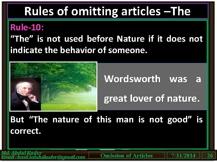 Rules of omitting articles –The Rule-10: “The” is not used before Nature if it