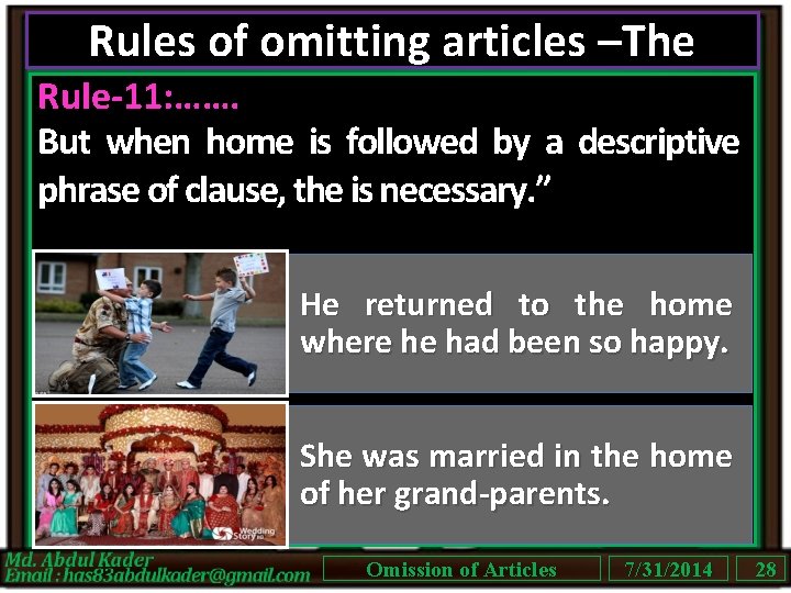 Rules of omitting articles –The Rule-11: ……. But when home is followed by a