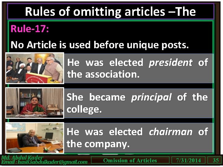 Rules of omitting articles –The Rule-17: No Article is used before unique posts. He