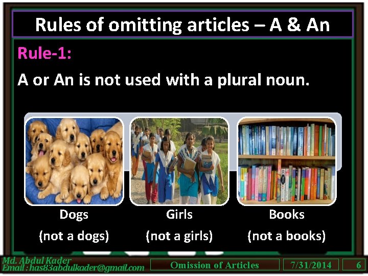 Rules of omitting articles – A & An Rule-1: A or An is not