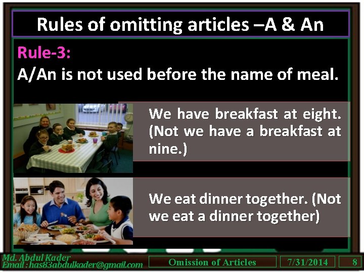 Rules of omitting articles –A & An Rule-3: A/An is not used before the