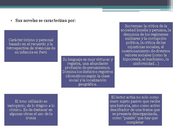  • Sus novelas se caracterizan por: Carácter íntimo y personal basado en el