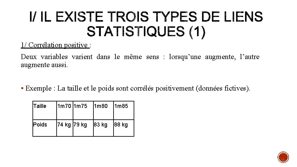 1/ Corrélation positive : Deux variables varient dans le même sens : lorsqu’une augmente,