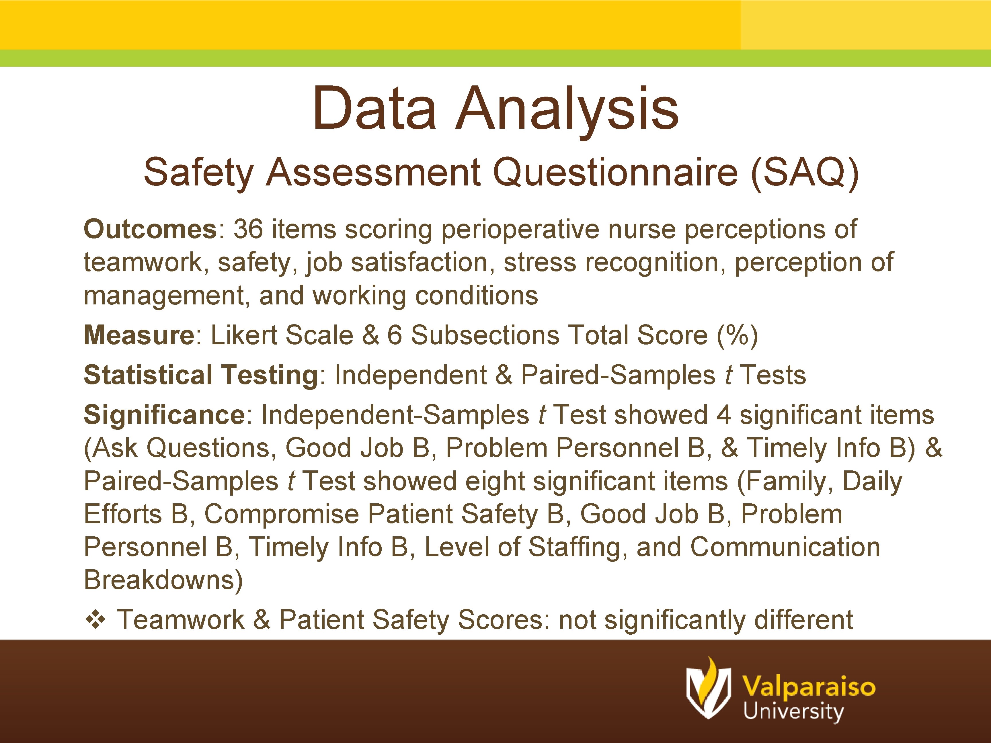 Data Analysis Safety Assessment Questionnaire (SAQ) Outcomes: 36 items scoring perioperative nurse perceptions of