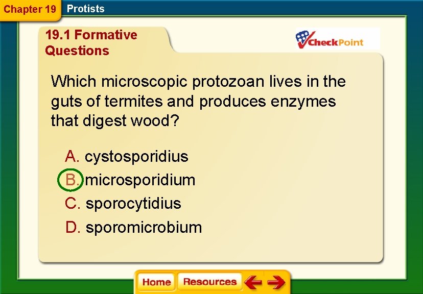 Chapter 19 Protists 19. 1 Formative Questions Which microscopic protozoan lives in the guts