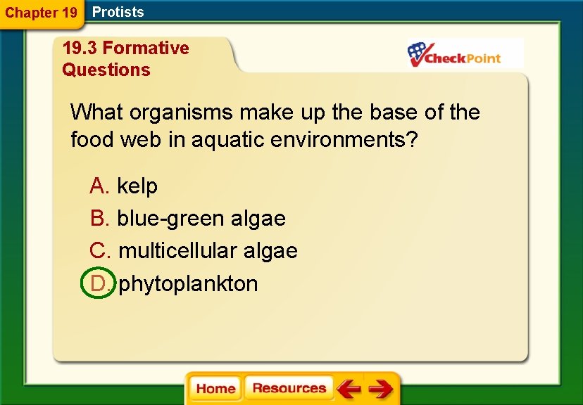 Chapter 19 Protists 19. 3 Formative Questions What organisms make up the base of