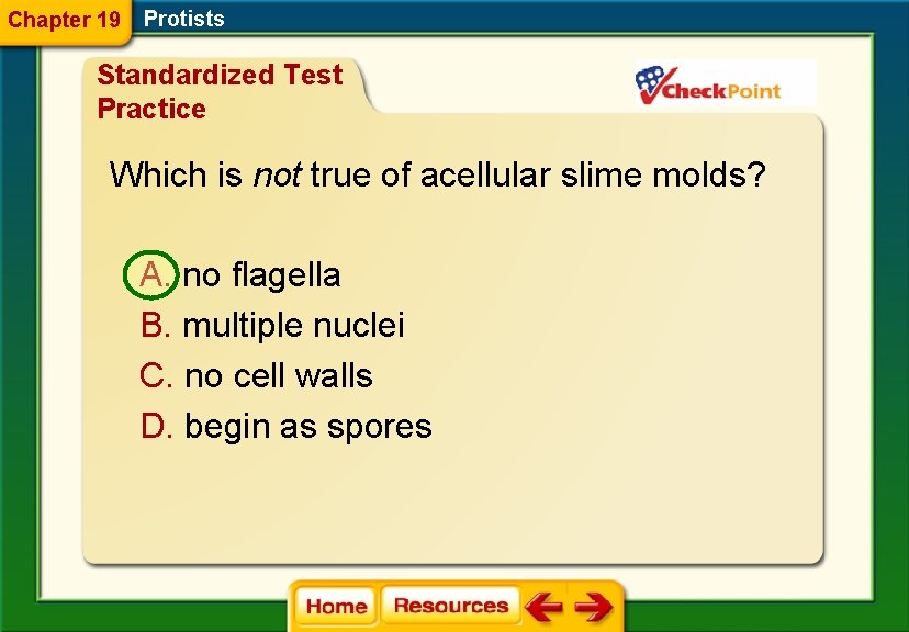 Chapter 19 Protists Standardized Test Practice Which is not true of acellular slime molds?