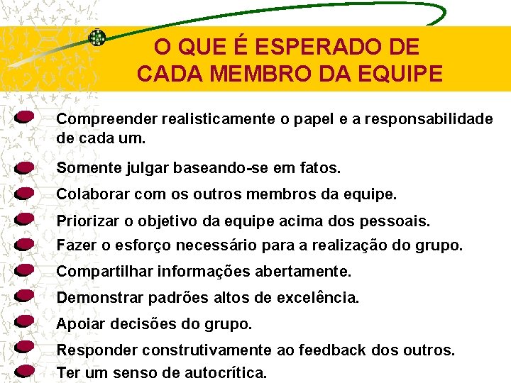 O QUE É ESPERADO DE CADA MEMBRO DA EQUIPE Compreender realisticamente o papel e