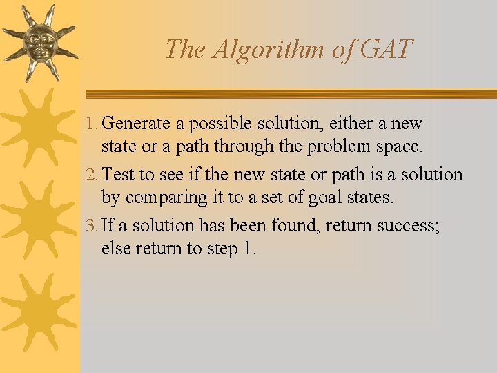 The Algorithm of GAT 1. Generate a possible solution, either a new state or