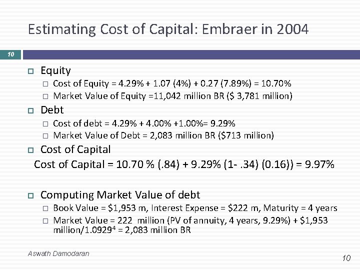 Estimating Cost of Capital: Embraer in 2004 10 Equity � � Cost of Equity